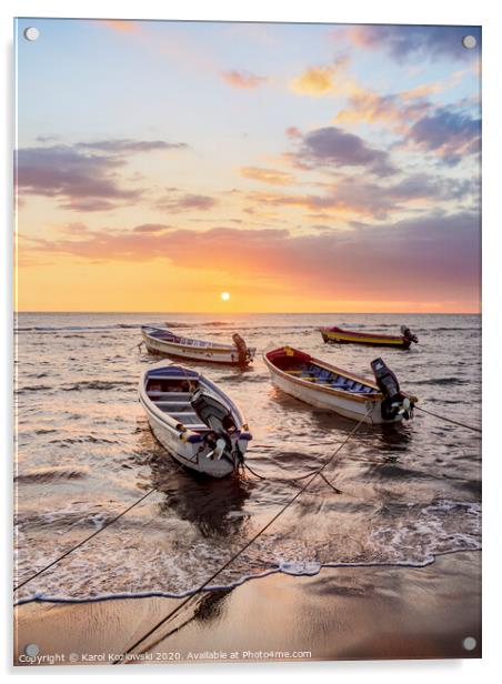Fishing Boats at sunset, Treasure Beach, Jamaica Acrylic by Karol Kozlowski