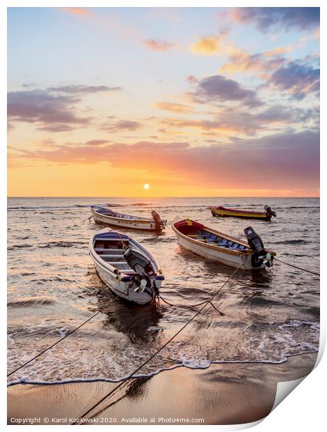 Fishing Boats at sunset, Treasure Beach, Jamaica Print by Karol Kozlowski