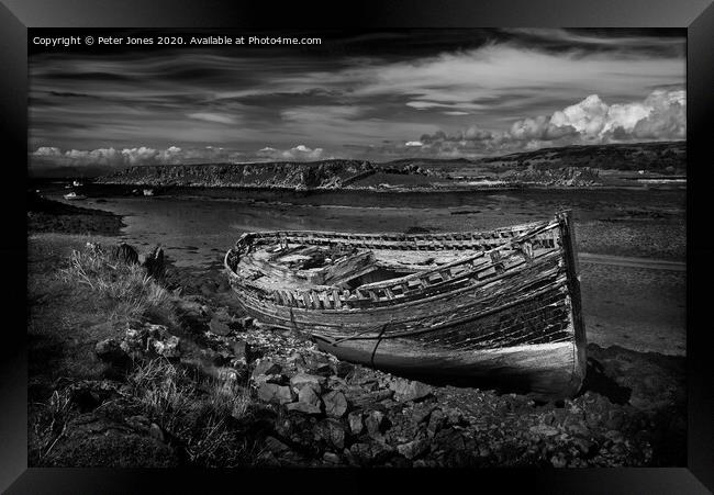 Fishing boat wreckage, Croig estuary, Mull. Framed Print by Peter Jones