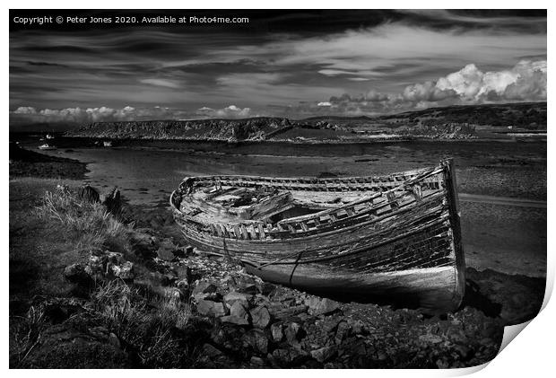 Fishing boat wreckage, Croig estuary, Mull. Print by Peter Jones