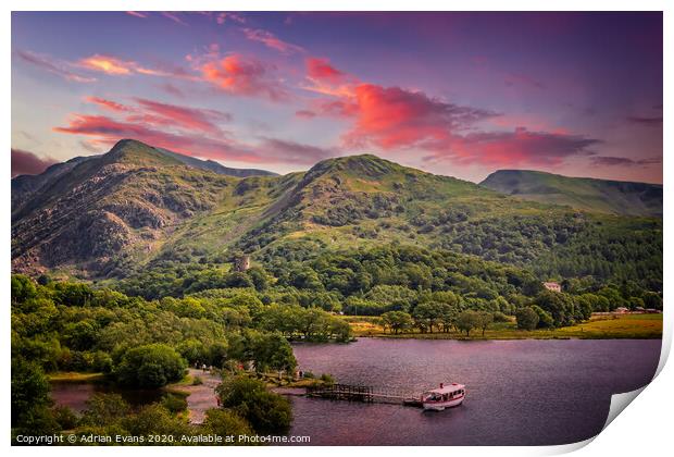 Mountains And Lake Of Snowdonia  Print by Adrian Evans