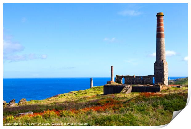 Chimney Remains at Levant Tin Mine in Cornwall Print by Chris Dorney
