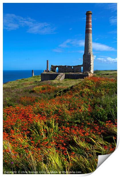Chimney Remains at Levant Tin Mine in Cornwall Print by Chris Dorney