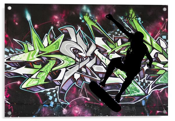 Skateboarder on colour graffiti background Acrylic by Dawn O'Connor