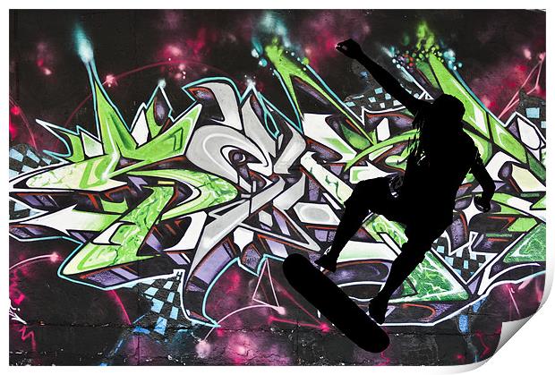 Skateboarder on colour graffiti background Print by Dawn O'Connor