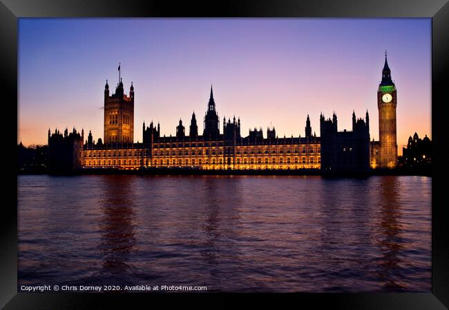 Houses of Parliament at Sunset Framed Print by Chris Dorney