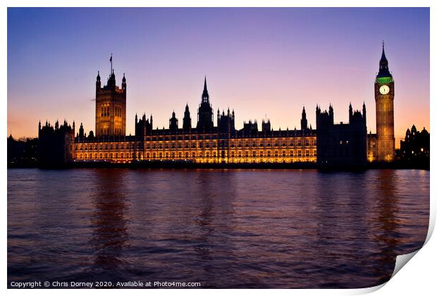 Houses of Parliament at Sunset Print by Chris Dorney