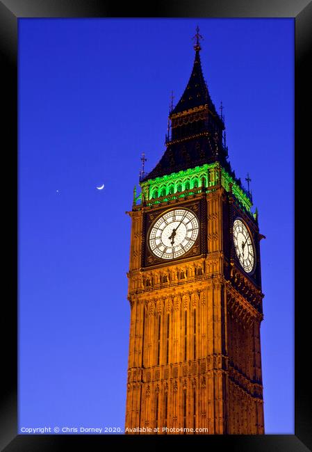 Big Ben with the Moon and Venus Framed Print by Chris Dorney