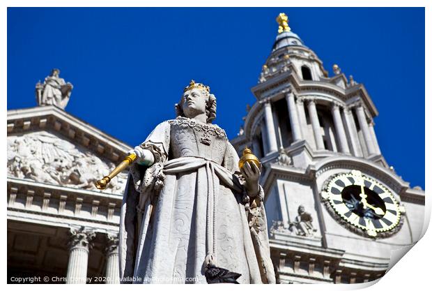 Queen Anne Statue infront of St. Paul's Cathedral Print by Chris Dorney