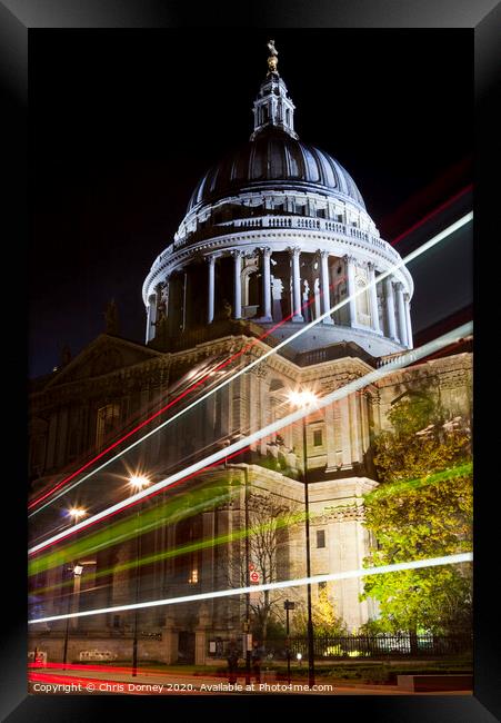 St. Paul's Cathedral and Light Trails in London Framed Print by Chris Dorney