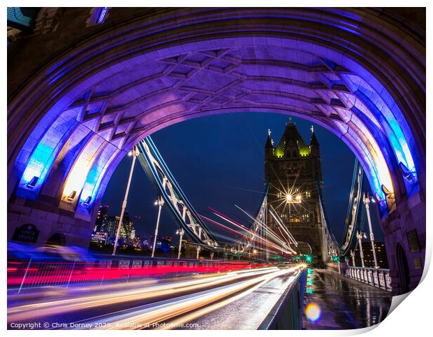Light Trails on Tower Bridge in London Print by Chris Dorney