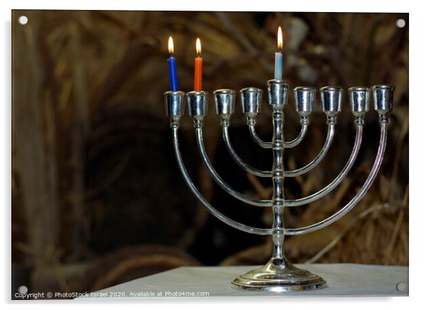 Chanukia with 3 candles for day 2 Acrylic by PhotoStock Israel