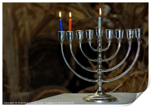 Chanukia with 3 candles for day 2 Print by PhotoStock Israel