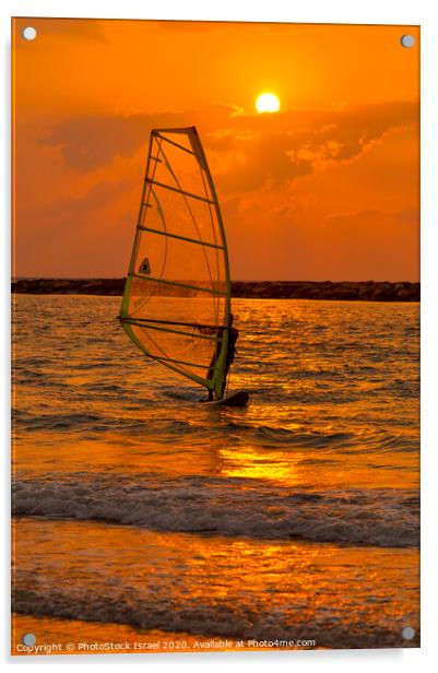 windsurfing at sunset Acrylic by PhotoStock Israel