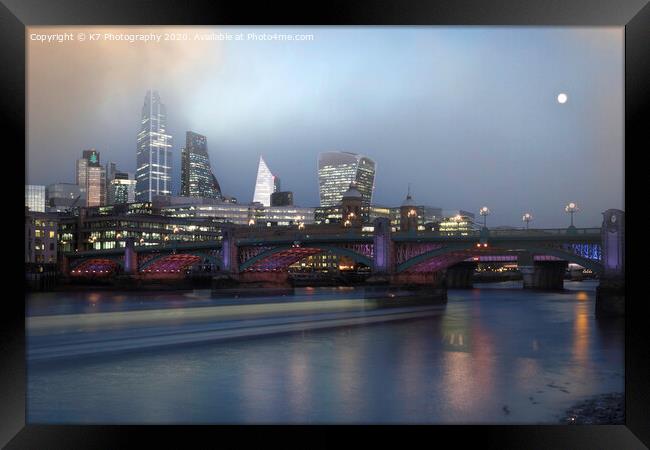 Misty Dawn over the Thames at Southwark Bridge. Framed Print by K7 Photography