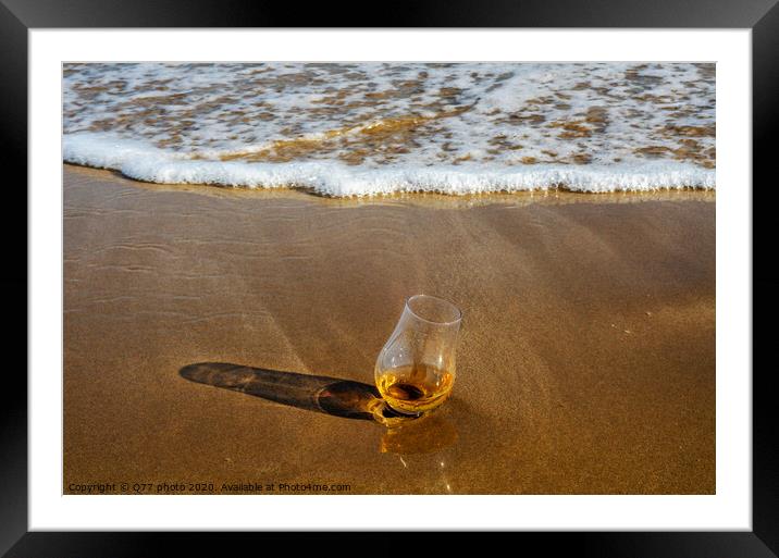 a glass of whiskey single malt on the sand washed by the waves, a glass of tasting, relax on the beach Framed Mounted Print by Q77 photo