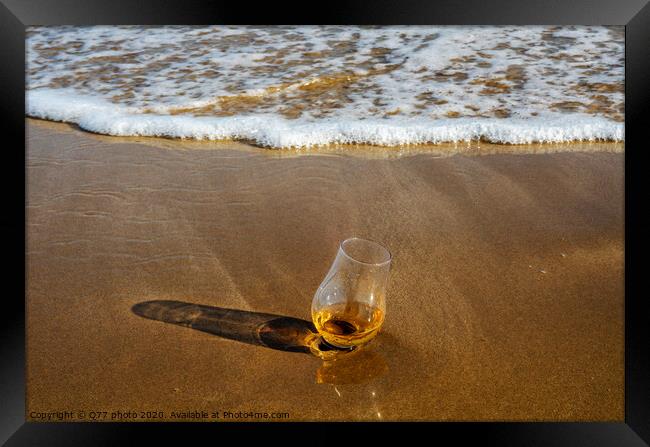a glass of whiskey single malt on the sand washed by the waves, a glass of tasting, relax on the beach Framed Print by Q77 photo