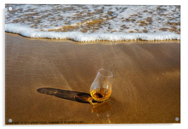 a glass of whiskey single malt on the sand washed by the waves, a glass of tasting, relax on the beach Acrylic by Q77 photo
