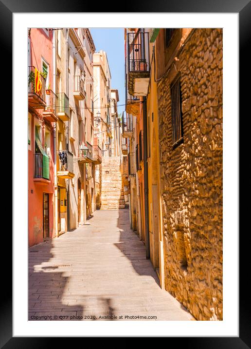 charming narrow street, street with colorful facades of buildings, vintage style Framed Mounted Print by Q77 photo