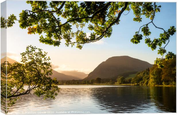 Stunning epic sunrise landscape image looking along Loweswater towards wonderful light on Grasmoor and Mellbreak mountains in Lkae District Canvas Print by Matthew Gibson