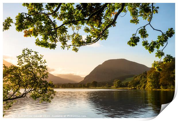 Stunning epic sunrise landscape image looking along Loweswater towards wonderful light on Grasmoor and Mellbreak mountains in Lkae District Print by Matthew Gibson