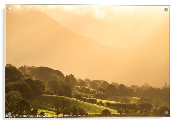Epic golden light of sunrise on side of Low Fell in the English Lake District countryside during late Summer Acrylic by Matthew Gibson