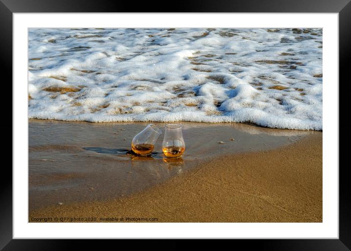two glasses of whiskey single malt on the sand washed by the waves, a glass of tasting, relax on the beach Framed Mounted Print by Q77 photo