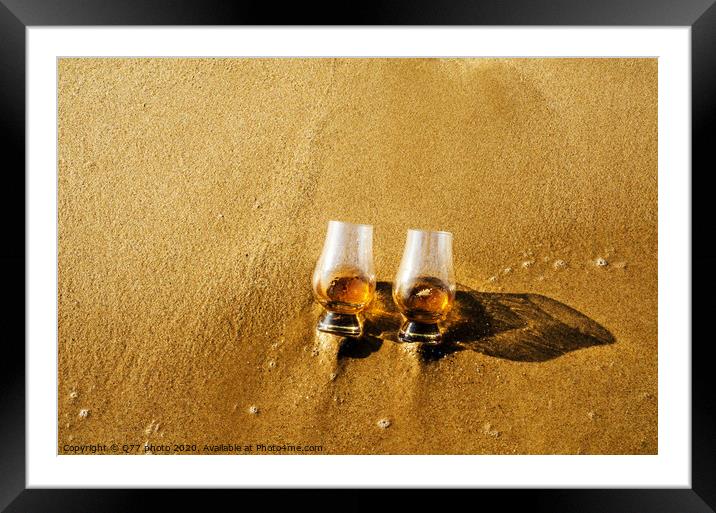 two glasses of whiskey single malt on the sand washed by the waves, a glass of tasting, relax on the beach Framed Mounted Print by Q77 photo