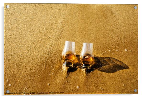 two glasses of whiskey single malt on the sand washed by the waves, a glass of tasting, relax on the beach Acrylic by Q77 photo