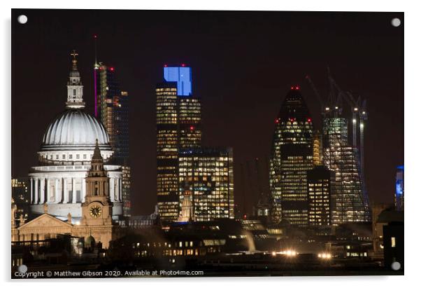 Beautiful landscape image of the London skyline at night looking along the River Thames Acrylic by Matthew Gibson