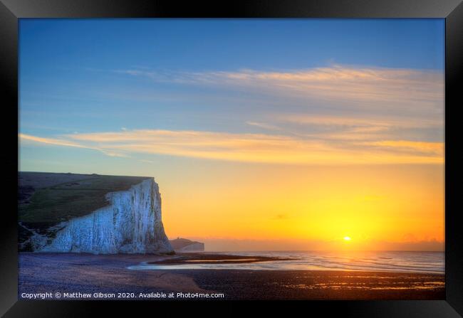 Stunning Winter landscape sunrise above the Seven Sisters cliffs Framed Print by Matthew Gibson