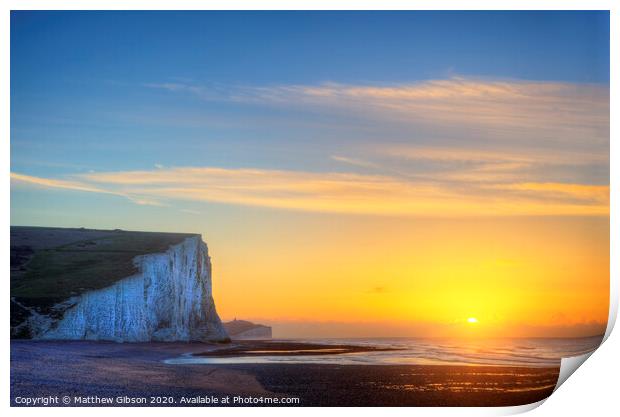 Stunning Winter landscape sunrise above the Seven Sisters cliffs Print by Matthew Gibson