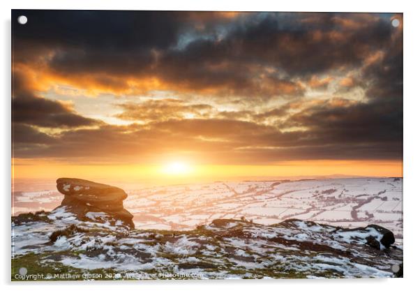 Stunning Winter sunset over snow covered Winter landscape in Peak District Acrylic by Matthew Gibson