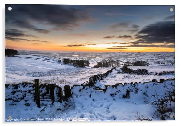 Stunning Winter sunset over snow covered Winter landscape in Peak District Acrylic by Matthew Gibson