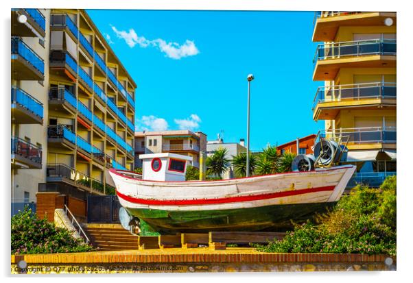 view of the promenade in the seaside town, in the middle of the roundabout old fishing boat Acrylic by Q77 photo