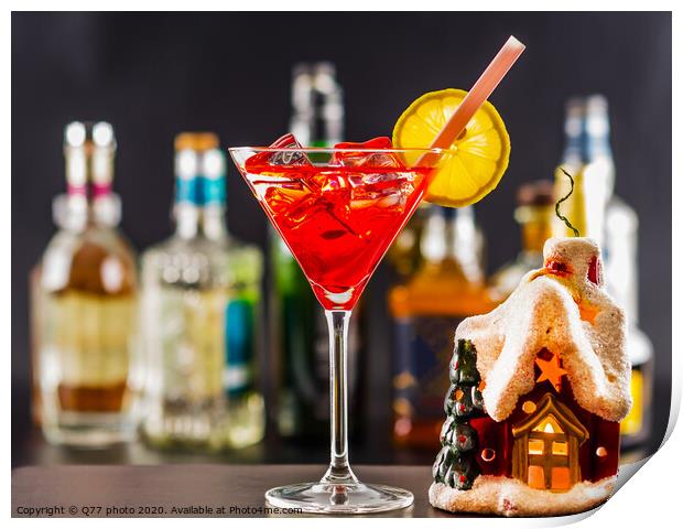 Coctail and beautiful Christmas house, candle, bottle background, xmas set Print by Q77 photo