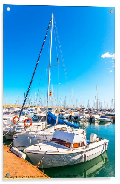 Beautiful luxury yachts and motor boats anchored in the harbor, hot summer day and blue water in the marina, blue sky Acrylic by Q77 photo