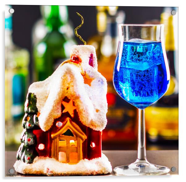 Coctail and beautiful Christmas house, candle, bottle background, xmas set Acrylic by Q77 photo