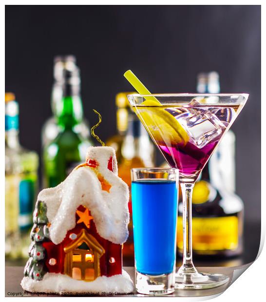 Coctail and beautiful Christmas house, candle, bottle background, xmas set Print by Q77 photo