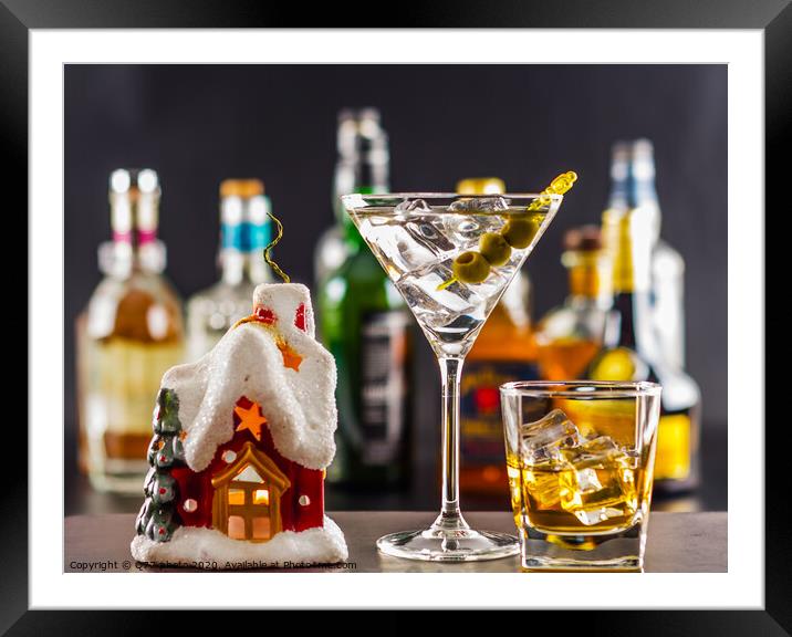 Coctail and beautiful Christmas house, candle, bottle background, xmas set Framed Mounted Print by Q77 photo