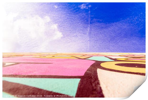 Blue sky urban background, with graffiti on a wall. Print by Joaquin Corbalan