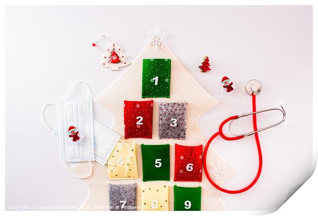 Traditional advent calendar protected with medical face masks, isolated on white background. Print by Joaquin Corbalan