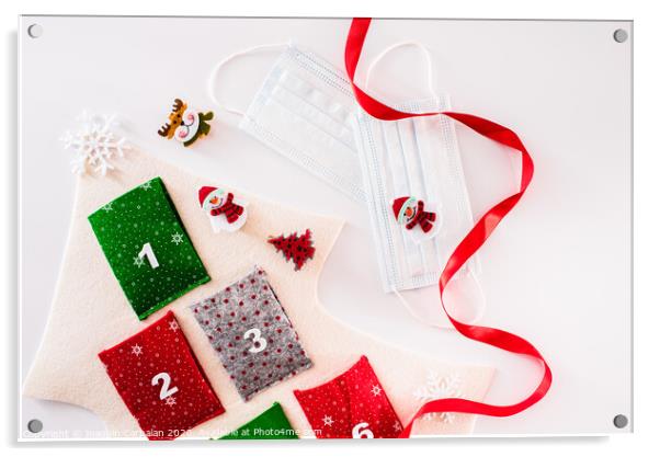 Christmas decoration isolated on white background with masks to avoid virus infections. Acrylic by Joaquin Corbalan