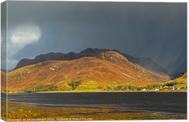 Overlooking Dornie with stormy light Canvas Print by Jenny Hibbert