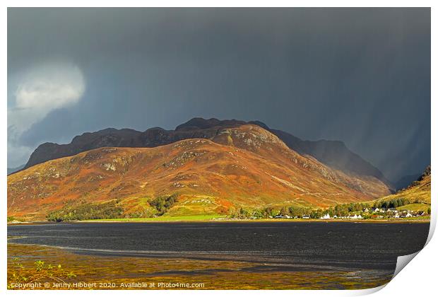 Overlooking Dornie with stormy light Print by Jenny Hibbert