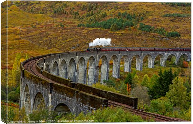 Hogwarts Express train crossing Glenfinnan Viaduct Canvas Print by Jenny Hibbert