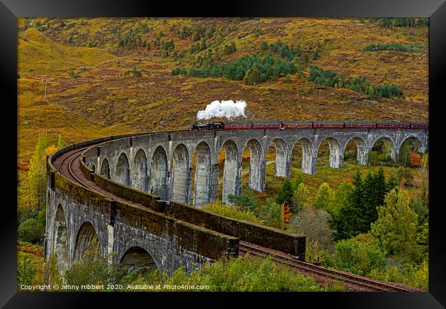Hogwarts Express train crossing Glenfinnan Viaduct Framed Print by Jenny Hibbert