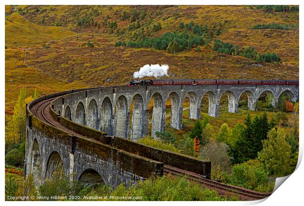 Hogwarts Express train crossing Glenfinnan Viaduct Print by Jenny Hibbert