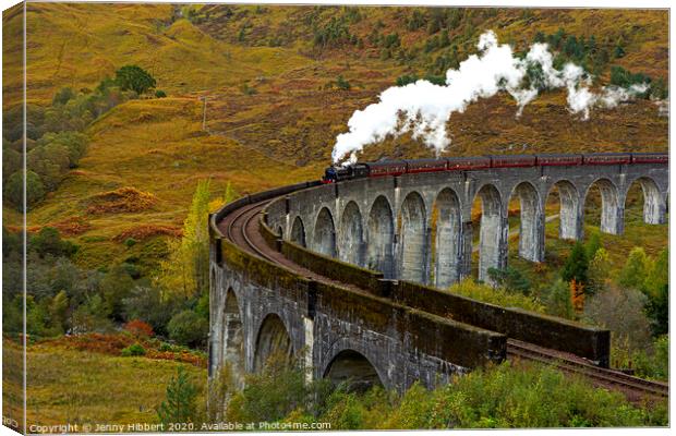 Glenfinnan Viaduct with steam train crossing Canvas Print by Jenny Hibbert