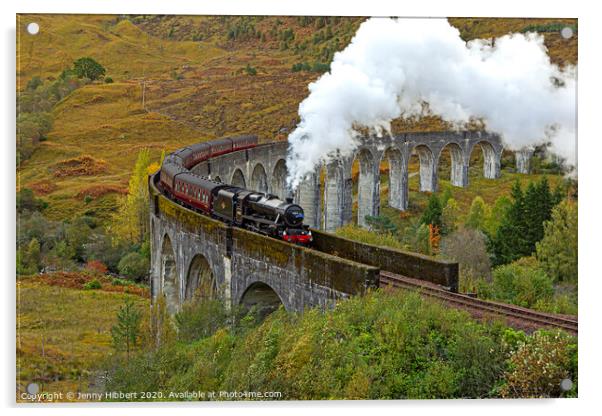 Steam train crossing Glenfinnan Viaduct Acrylic by Jenny Hibbert